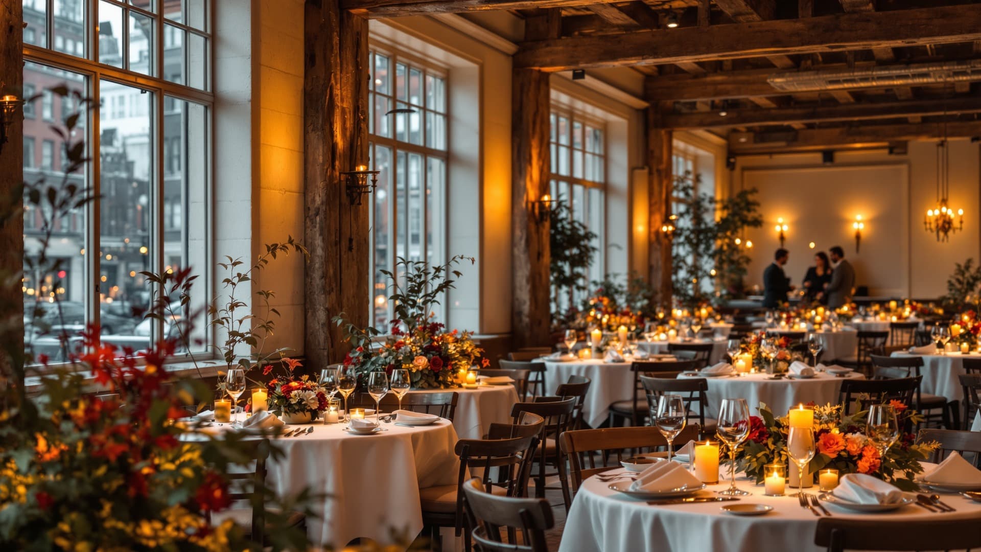 The warm, candlelit interior of Gramercy Tavern with wooden beams and seasonal floral arrangements