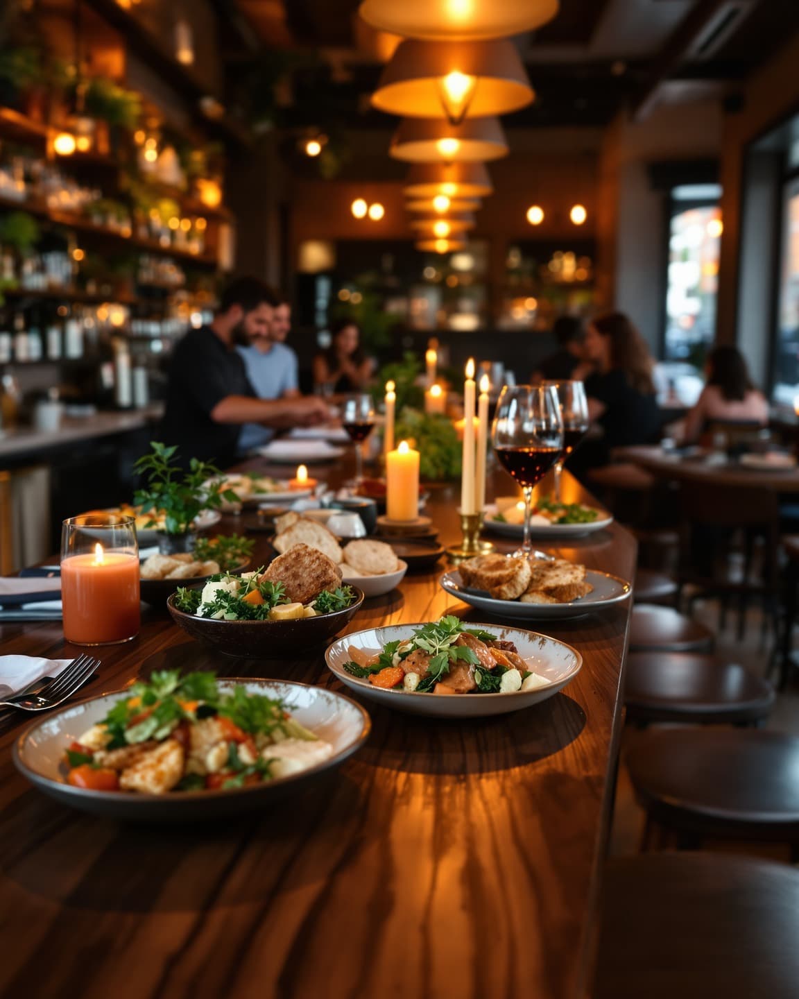 The Tavern's vibrant bar and dining area with warm lighting and seasonal dishes