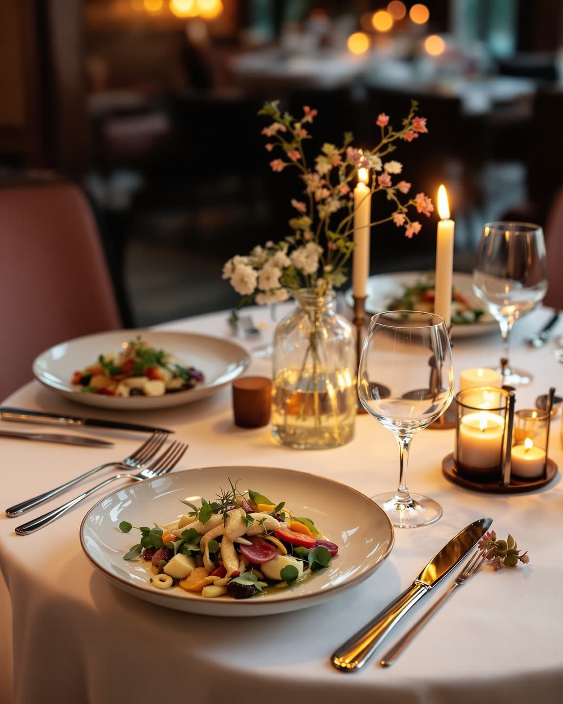 The Dining Room's elegant table setting with seasonal tasting menu dishes and candlelight