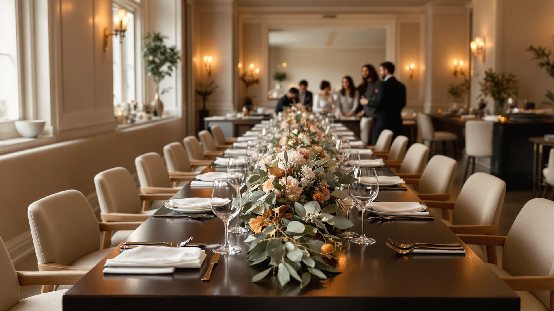 An elegant private dining room with a long table set for a celebratory gathering